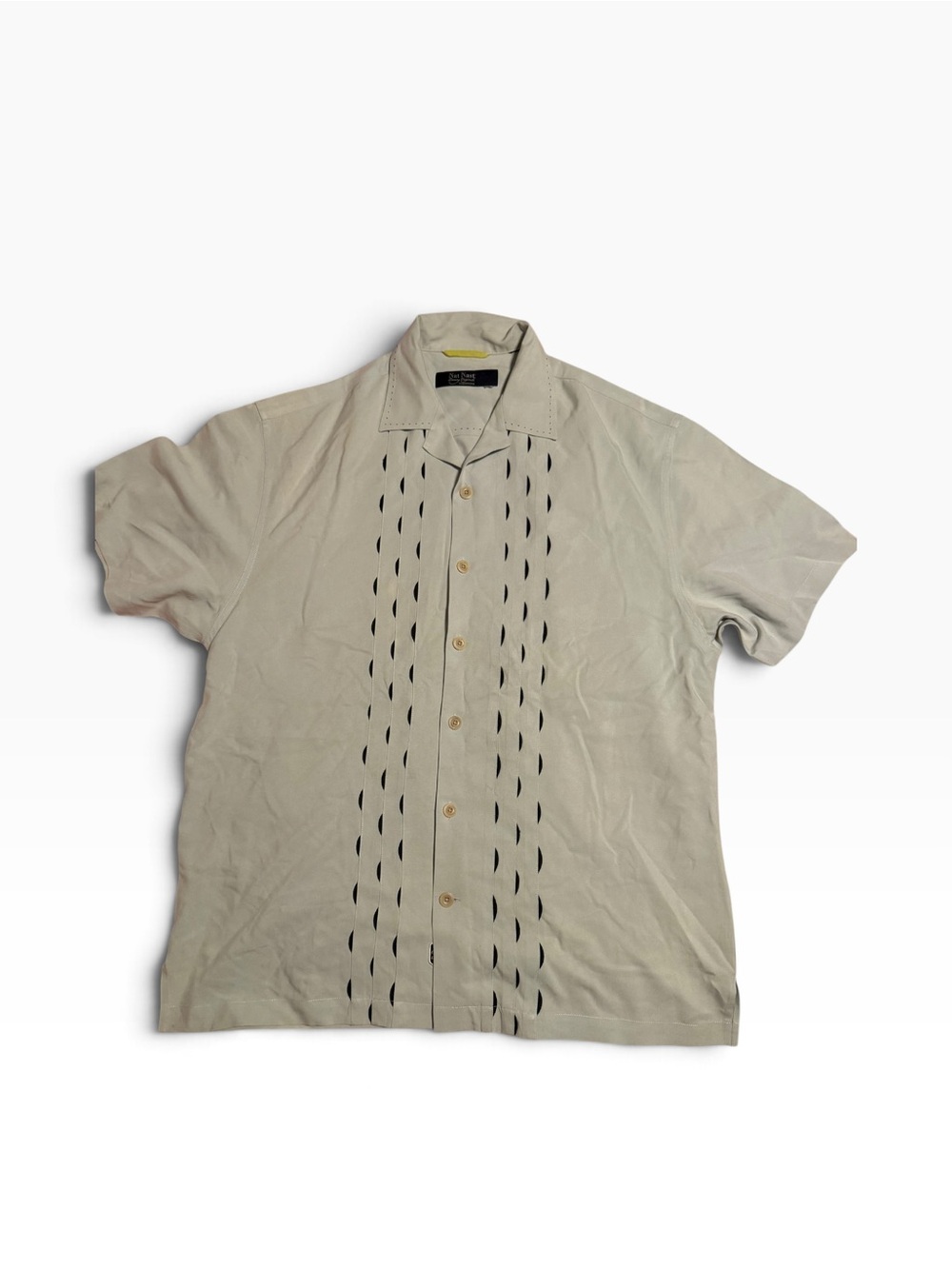 Nat Nast silk blue Short-Sleeve Button-Down Shirt with Cutout Stripe Detail XL